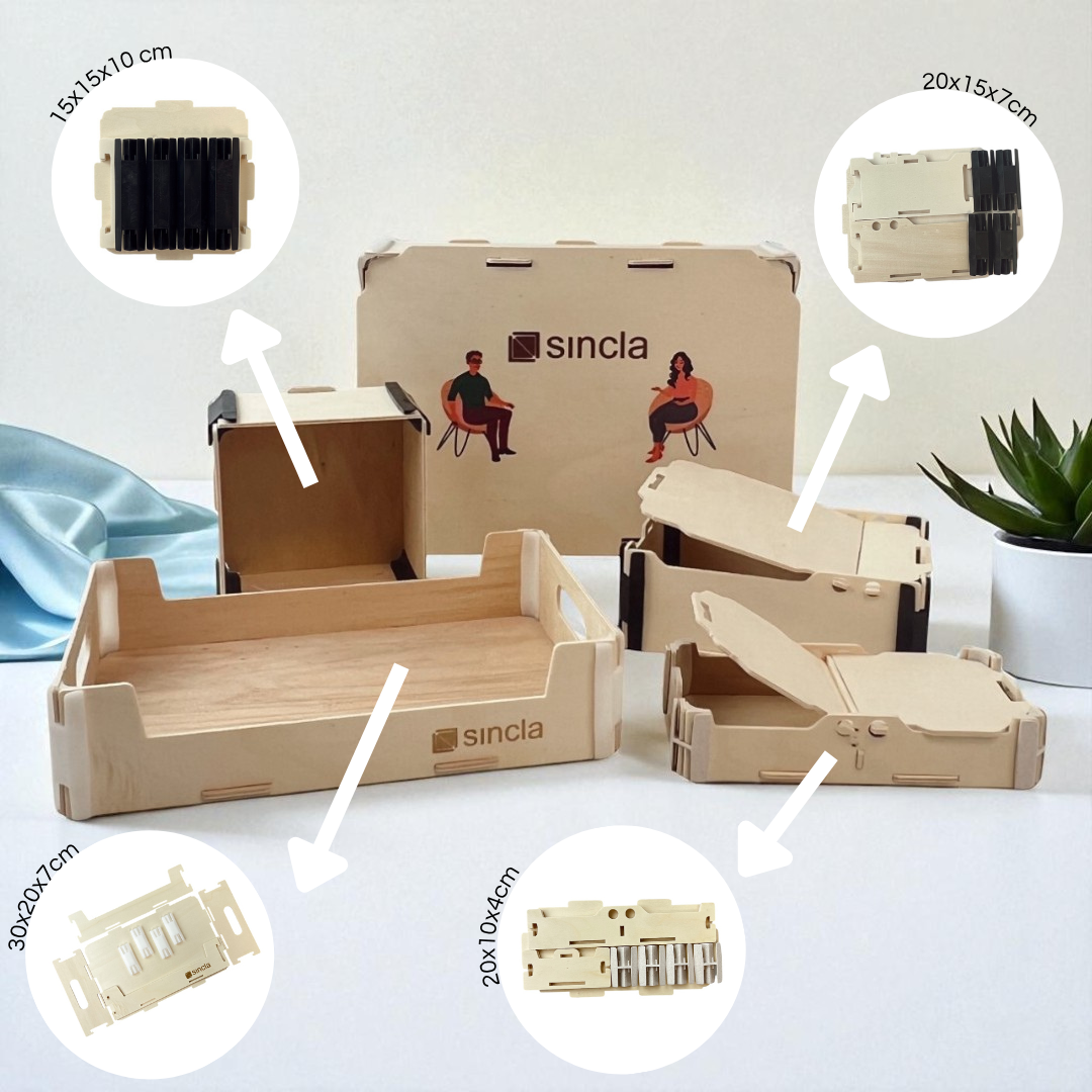 Sincla-Musterpaket mit Holzkisten in verschiedenen Formaten