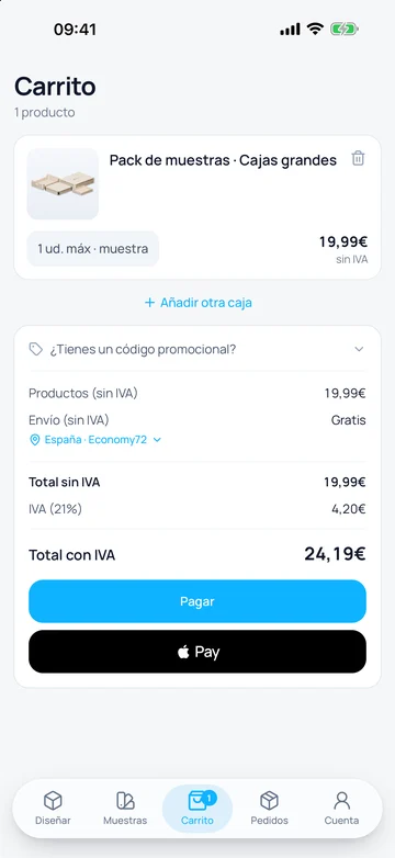Pantalla Carrito de la app de Sincla con el pago