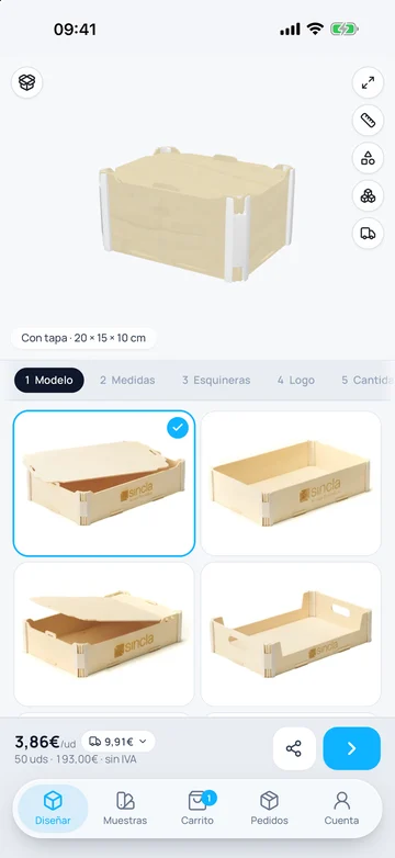 Pantalla Diseñar de la app de Sincla: la caja en 3D y los modelos