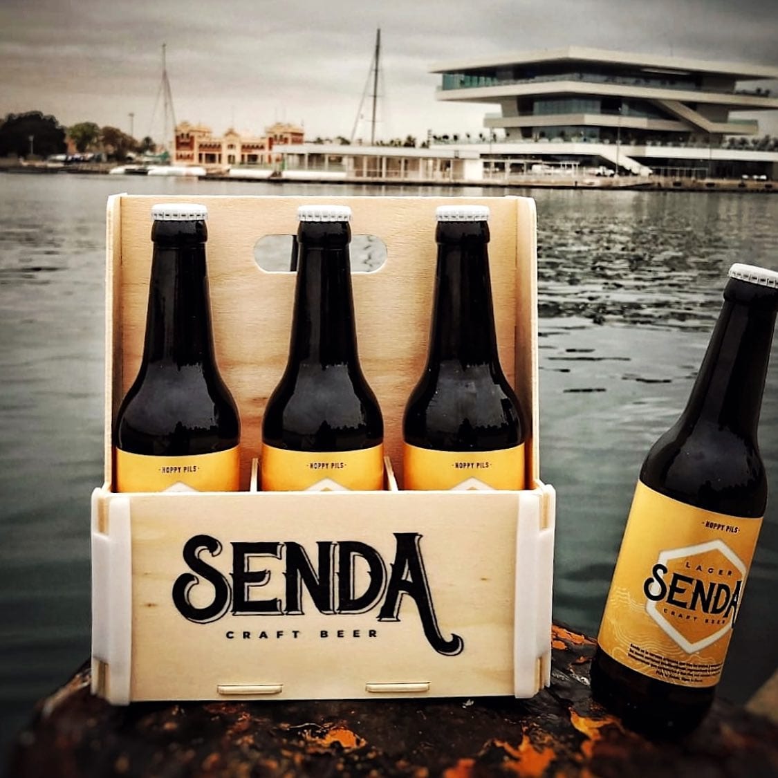 Caja con asa para seis botellas con el logo de una cervecera impreso en negro, con tres botellas, junto al mar en un puerto