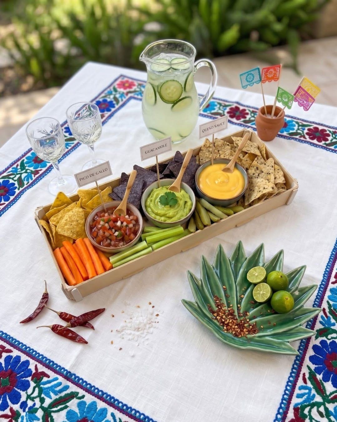 Bandeja larga de madera con nachos, guacamole y salsas sobre un mantel bordado