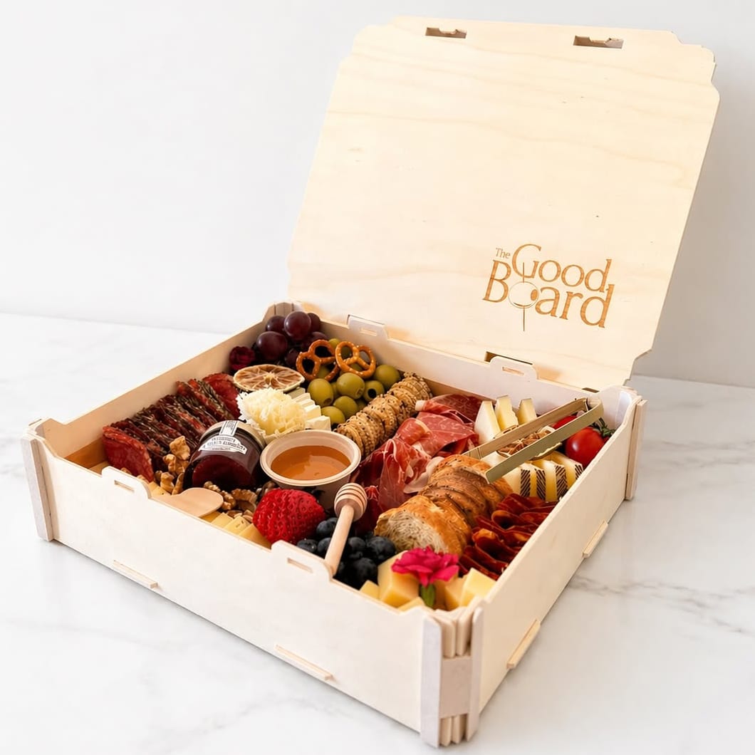 Caja con tapa de madera abierta con una tabla de embutidos y quesos, y el logotipo del cliente grabado en la tapa