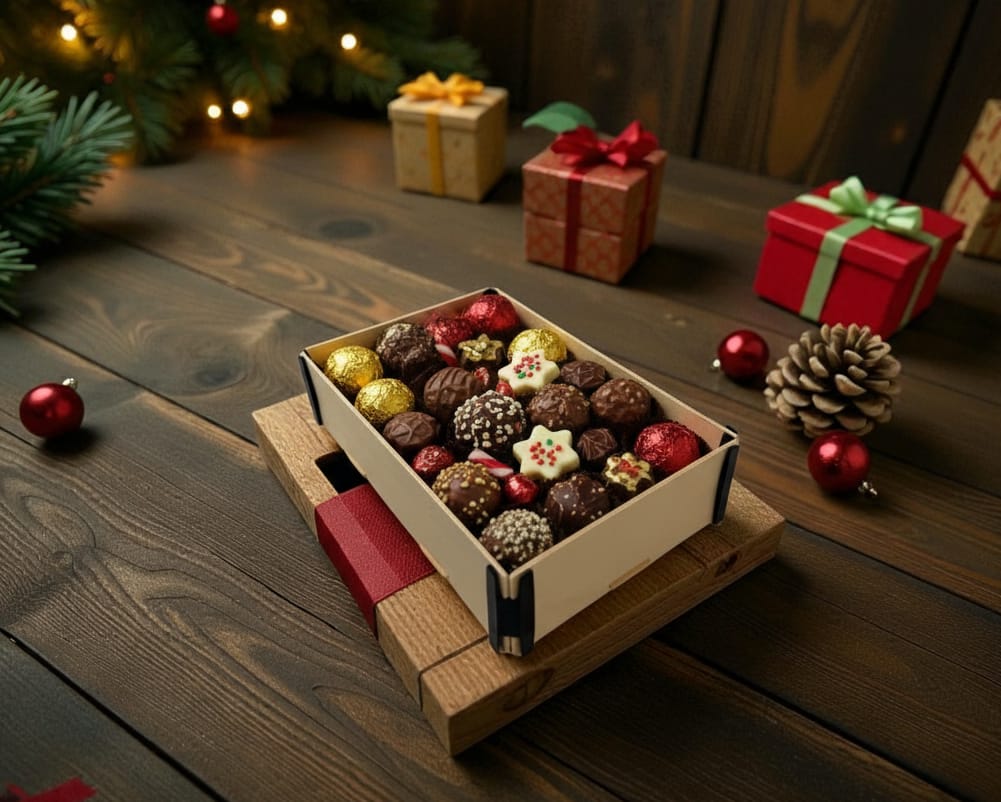 Sincla-Holzkiste ohne Deckel voller Pralinen, zwischen verpackten Geschenken und Tannenzapfen