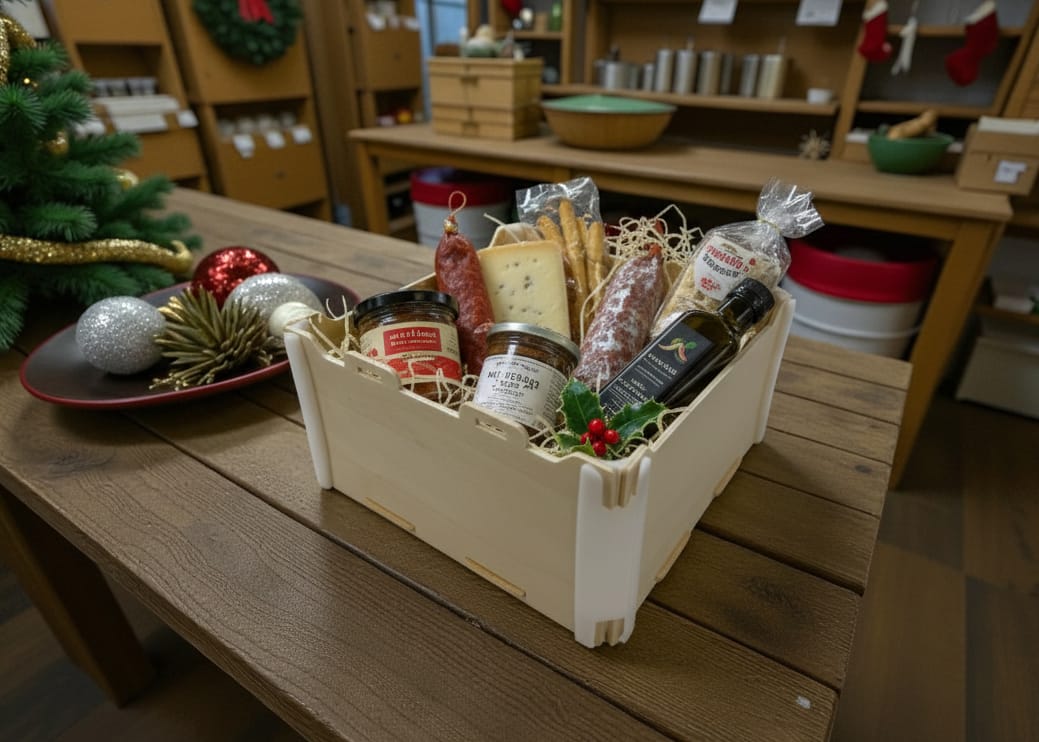 Sincla-Holzkiste ohne Deckel mit Wurst, Käse, zwei Gläsern und einer Flasche in einem weihnachtlich geschmückten Laden