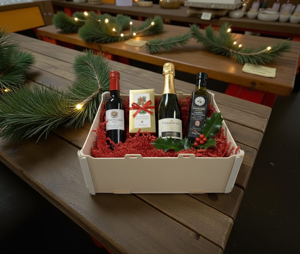 Sincla-Holzkiste mit Wein-, Cava- und Olivenölflasche und einer kleinen Geschenkschachtel auf rotem Papier, mit einem Stechpalmenzweig