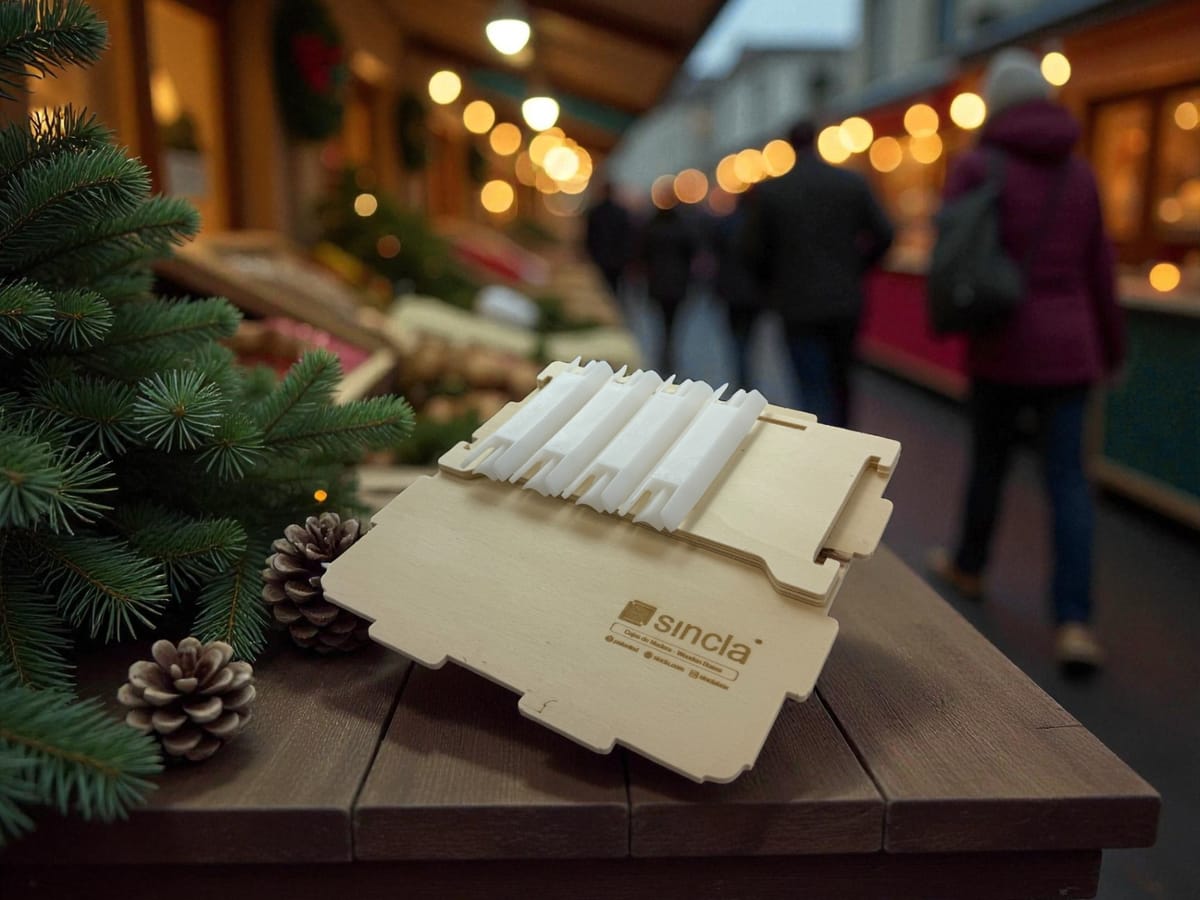 Flach gestapelte Teile einer Sincla-Holzkiste mit eingraviertem Logo, darauf weiße Eckverbinder, auf einem Weihnachtsmarkt