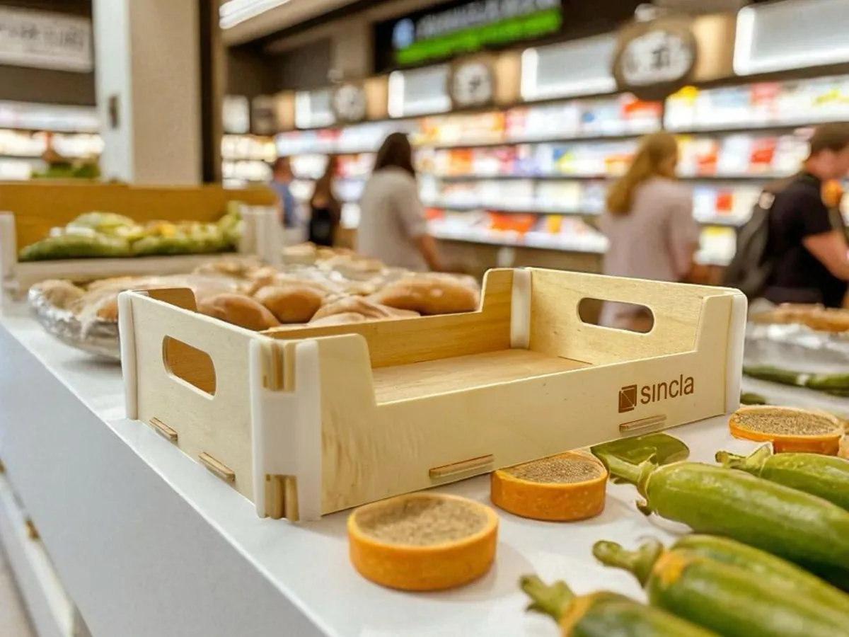 Holzkiste ohne Deckel mit aufgedrucktem Logo vorne, an der Obst- und Gemüsetheke eines Supermarkts