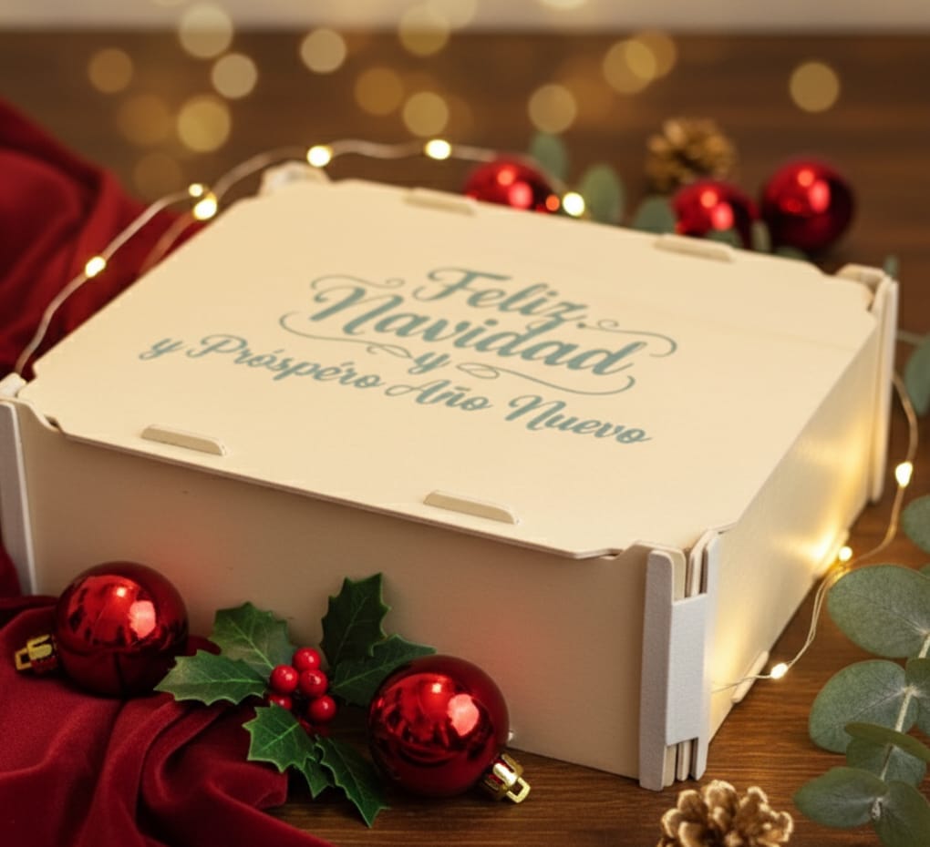 Boîte en bois Sincla avec « Feliz Navidad y Próspero Año Nuevo » (Joyeux Noël et bonne année) sur le couvercle, entre des boules de Noël