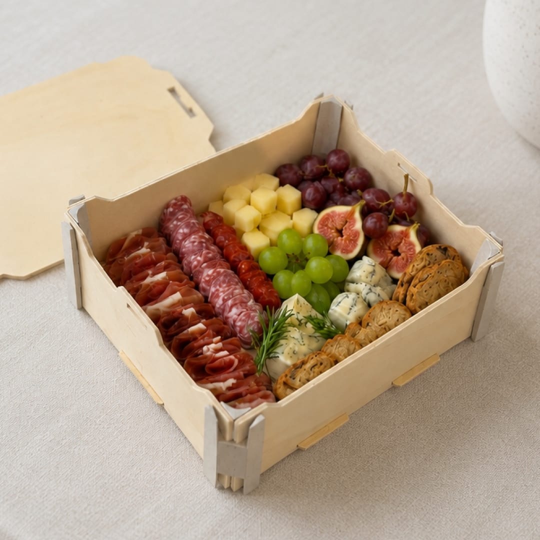 Offene Kiste mit Deckel mit Wurst, Käsewürfeln, Trauben, Feigen, Blauschimmelkäse und Crackern; der Deckel liegt daneben