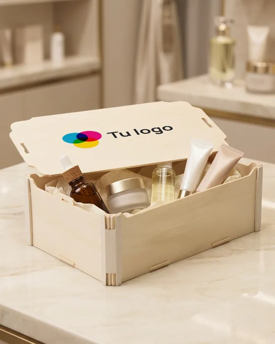 Caja de madera Sincla con tapa, esquineras de bioplástico y el logo impreso, llena de productos de cosmética