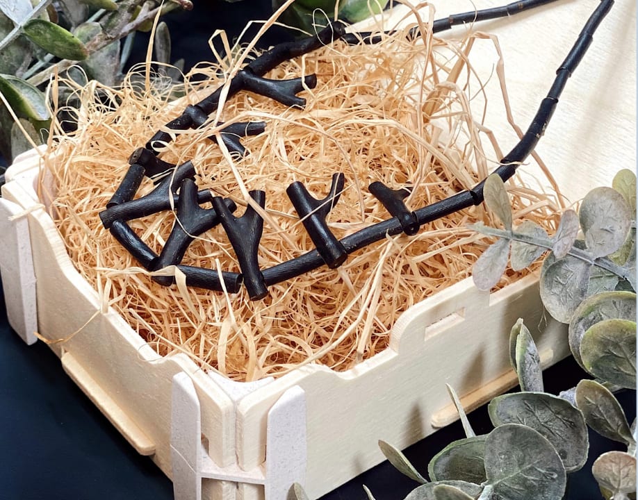 Scatola in legno Sincla con cerniera, aperta, con una collana nera su paglietta di legno e rametti di eucalipto