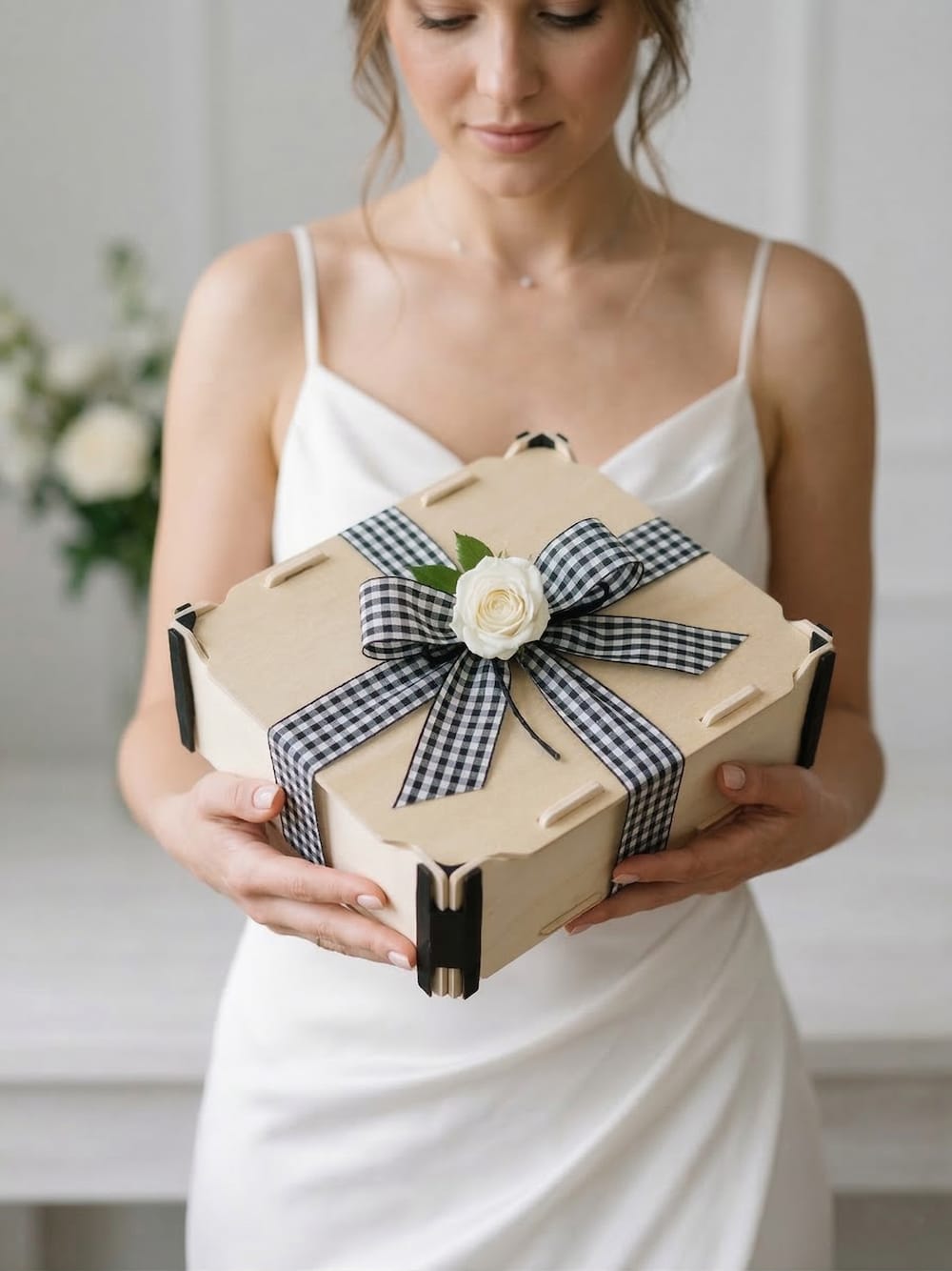 Sposa che tiene una scatola in legno con un fiocco a quadretti e un fiore bianco