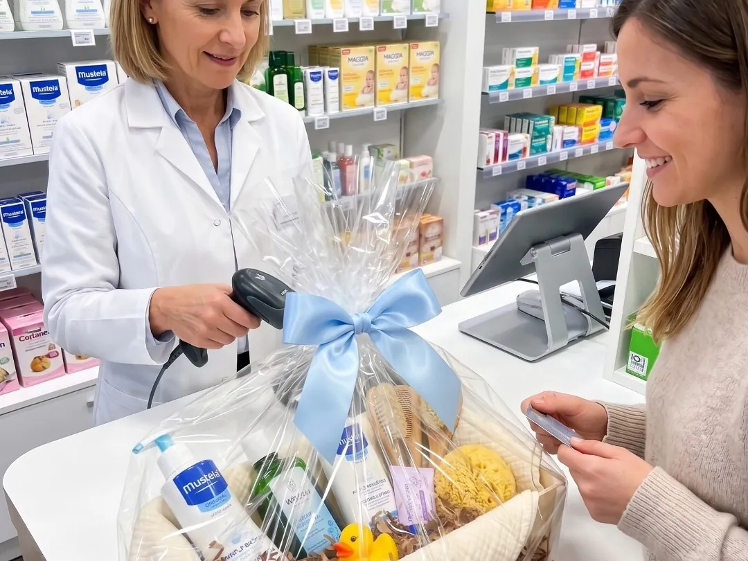 Apothekerin kassiert bei einer Kundin ein Babyset in einer Holzkiste mit blauer Schleife