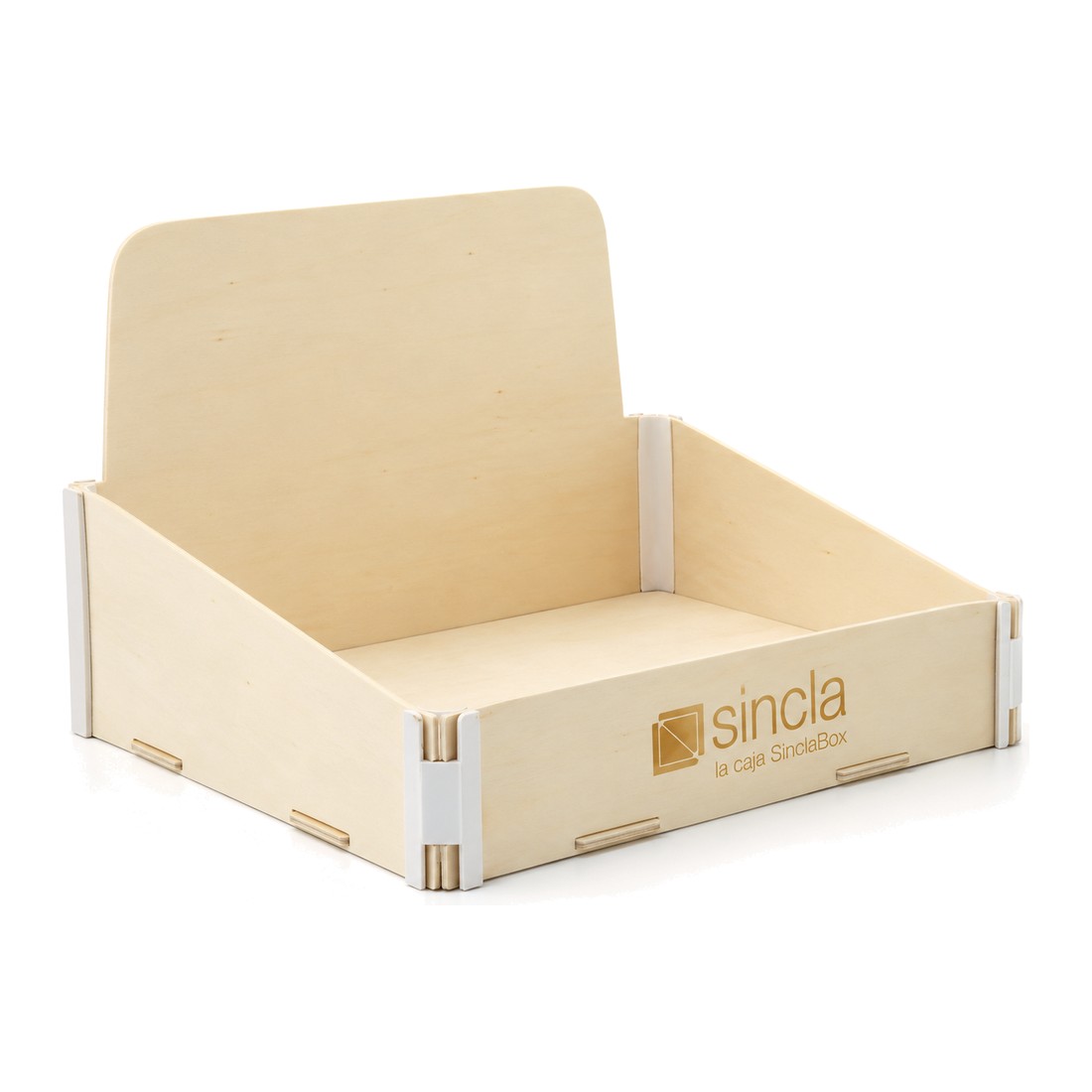 Sincla wooden display stand with a tall back and the logo engraved on the front