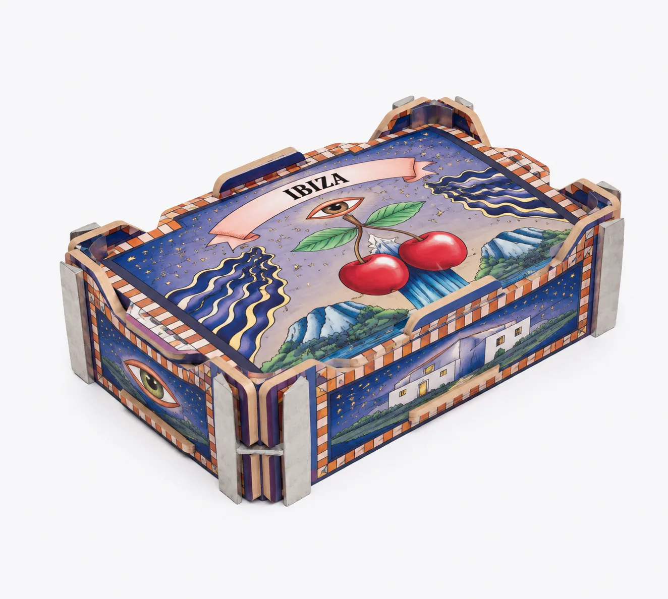 Wooden box with the lid and sides printed in full colour, showing cherries, an eye, the sea and the word IBIZA