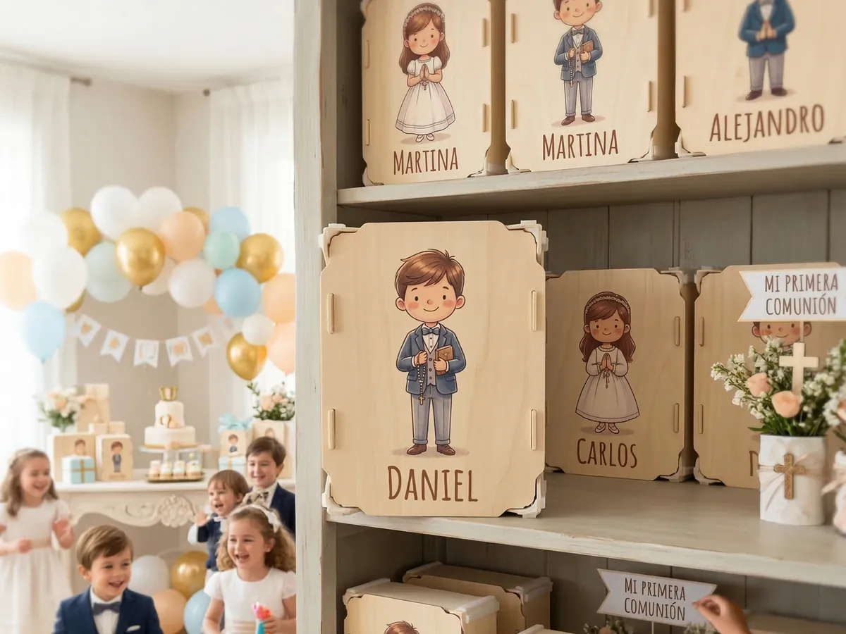 Estantería con cajas de madera con dibujos de niños y niñas vestidos de comunión y sus nombres impresos en la tapa, en una fiesta infantil
