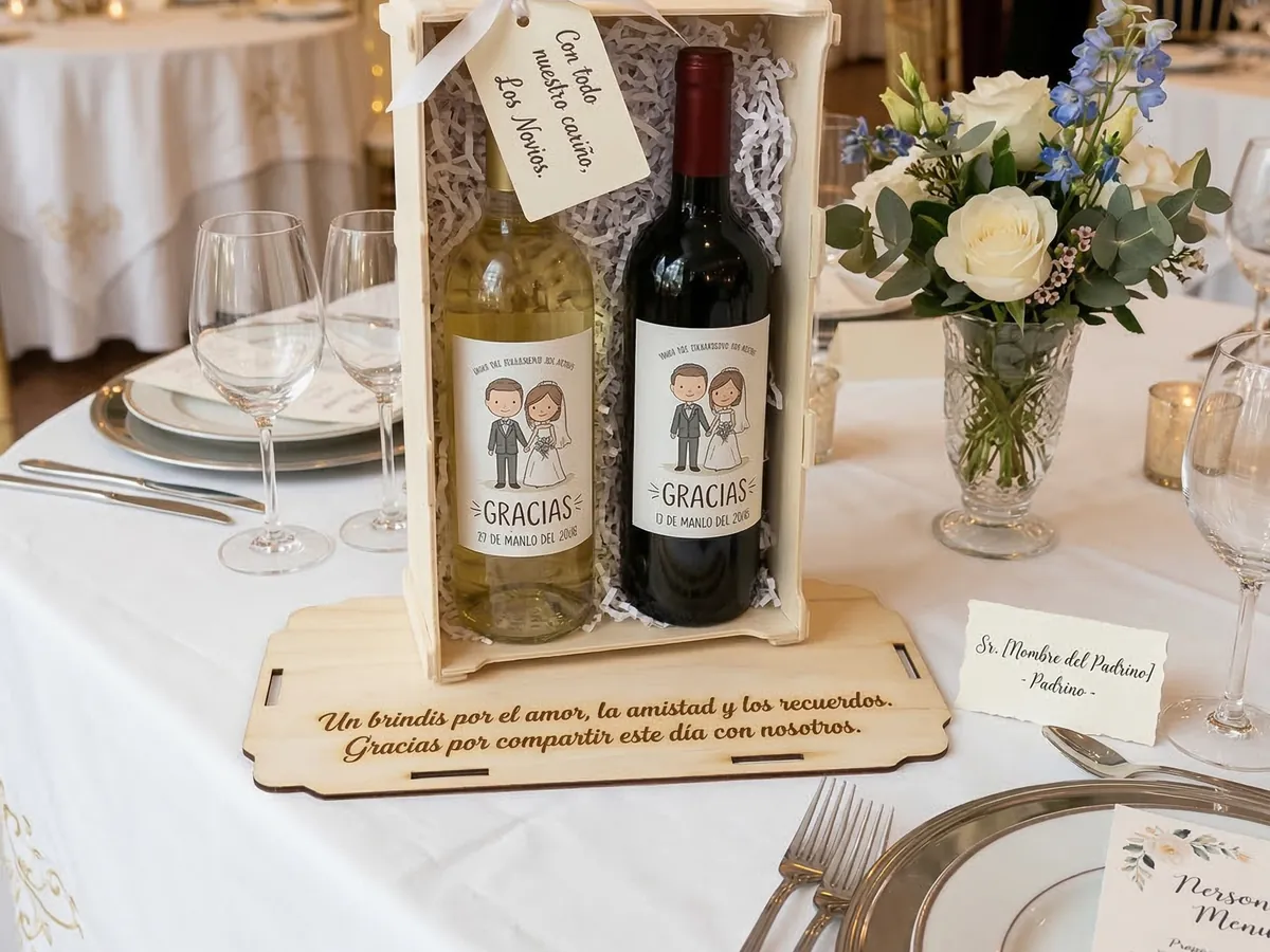 Caja de madera con dos botellas de vino con etiquetas de los novios, sobre una tapa con una dedicatoria grabada, en una mesa de banquete
